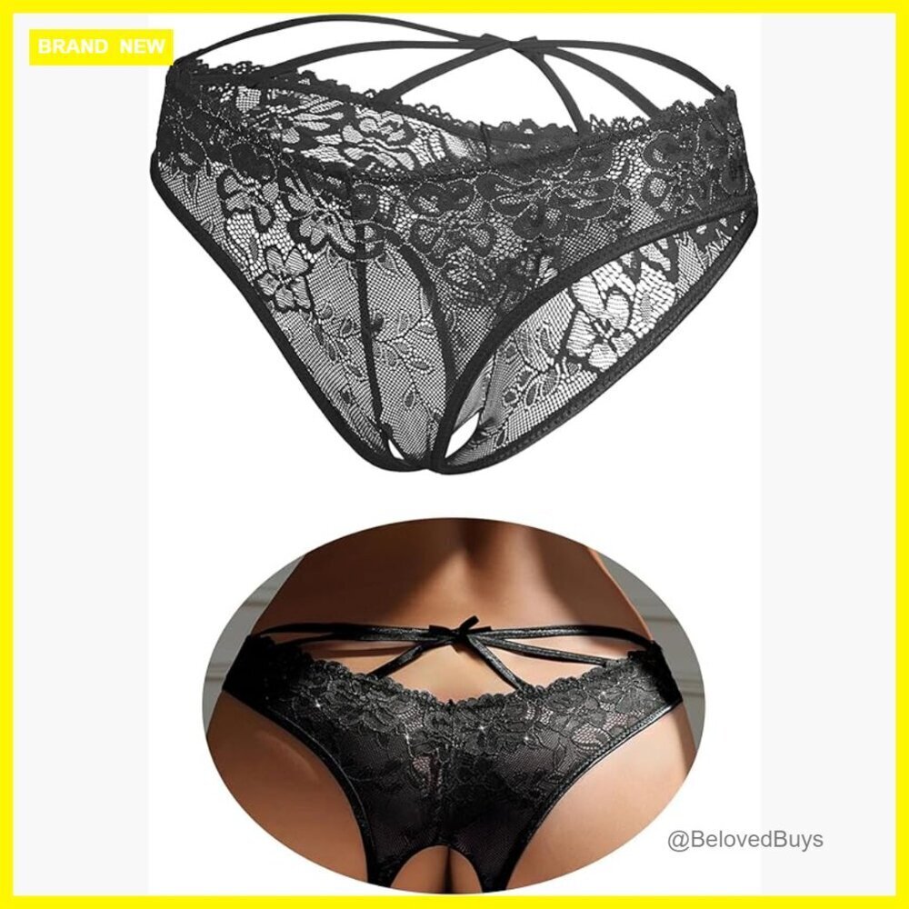 Lace Criss Cross Back Briefs with Bow Open Crotch Hipster Panties S-2XL